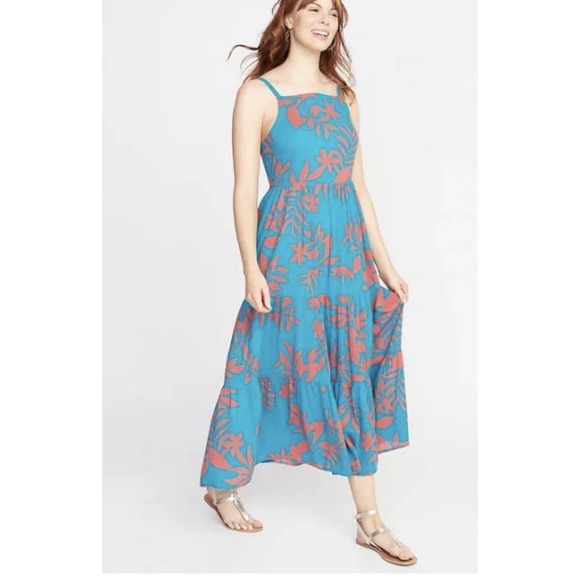 Old Navy Dresses & Skirts - Old Navy Women Maxi Dress Sz XL Smocked Sleeveless Blue Coral Tiered Summer Boho